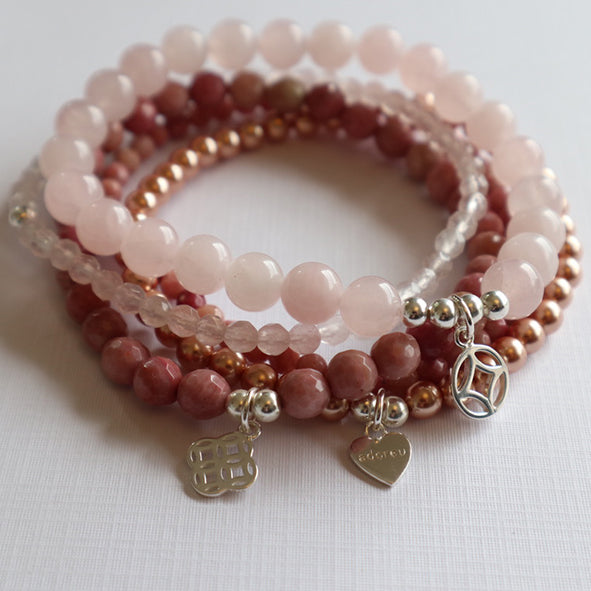 rose quartz, rhodochrosite, Swarovski Pearl bracelet stack, miracle, love and forever pendants designed in tasmania handmade