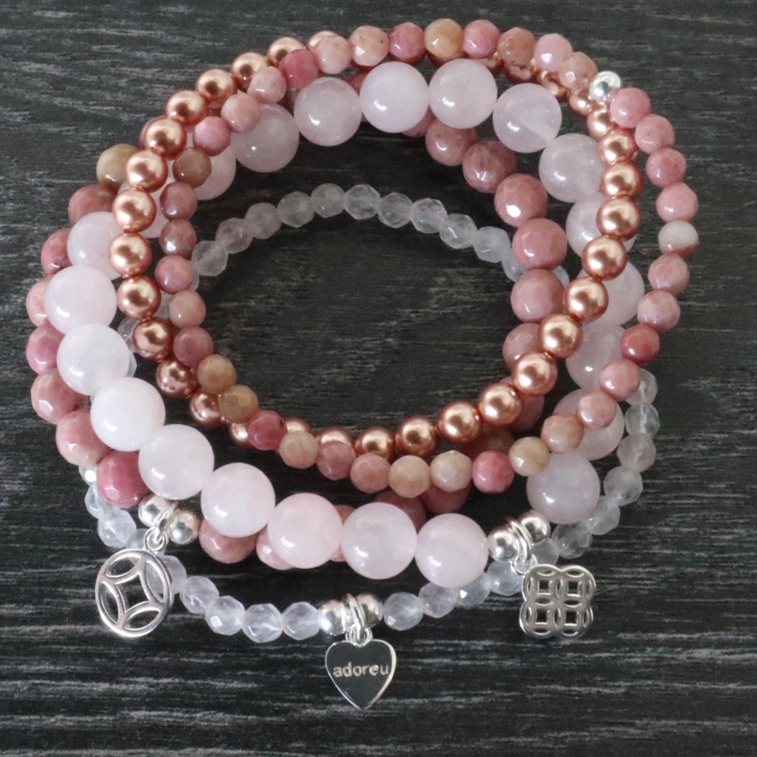 rose quartz, rhodochrosite, Swarovski Pearl bracelet stack, miracle, love and forever pendants designed in tasmania handmade arm candy