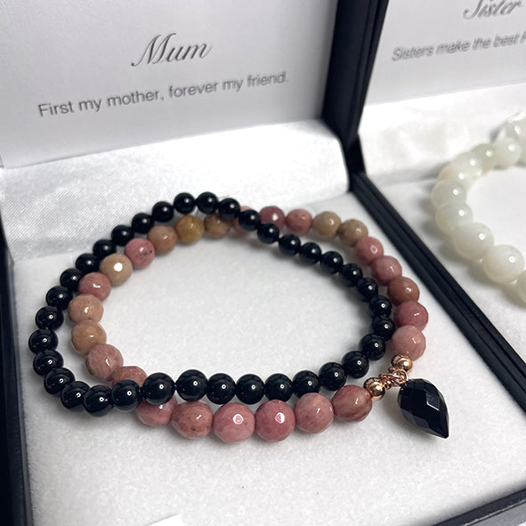 RHODOCHROSITE and ONYX handmade bracelet stack. Arm Candy for mothers day.